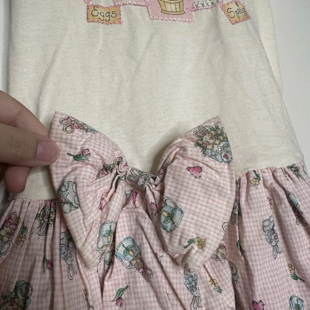 Vintage 90s Girls Easter Outfit Dress Size 2-4 Years Bunny Pink Gingham USA Rare